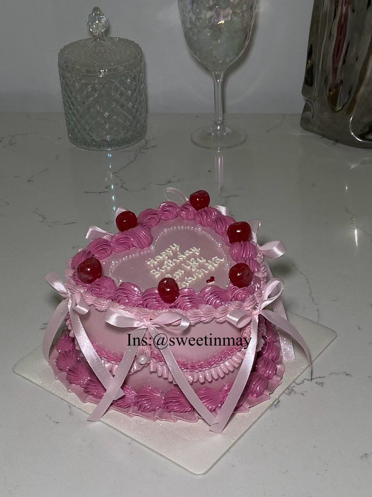 Extra Girly Vintage Cherry Heart Cake - Image 3